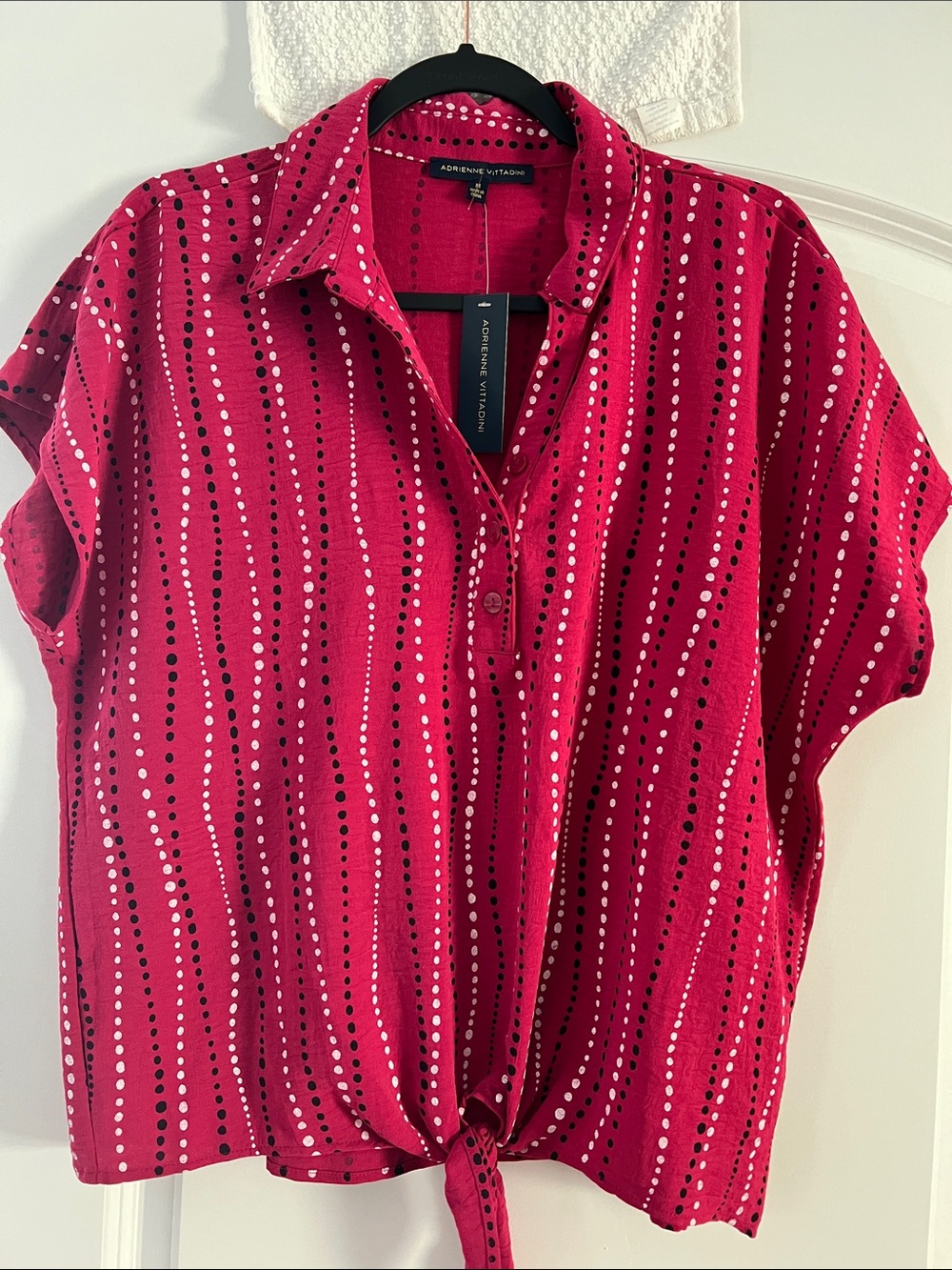 Adrienne Vittadini Fuchsia Dot-Stripe Tie-Front Collared Top NWT